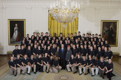 President George W. Bush poses with boy members of the 2007 Boys and Girls Nation delegates Wednesday, July 25, 2007, following his address to the group in the East Room of the White House. White House photo by Joyce N. Boghosian