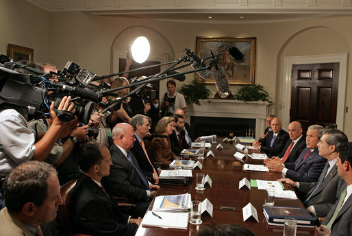 President George W. Bush makes a statement to the press during a meeting with his economic team Friday, July 27, 2007, in the Roosevelt Room. "Job growth has been strong, and that's what you'd expect when our economy is strong and resilient and flexible. People working, unemployment rate is down, wages are increasing," said President Bush. White House photo by Joyce N. Boghosian