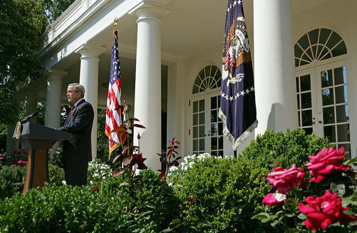President George W. Bush addresses the press in the Rose Garden after meeting with his Cabinet Thursday, Aug. 2, 2007. "One of the things we discussed was the terrible situation there in Minneapolis," said President Bush. "We talked about the fact that the bridge collapsed, and that we in the federal government must respond and respond robustly to help the people there not only recover, but to make sure that lifeline of activity, that bridge, gets rebuilt as quickly as possible." White House photo by Chris Greenberg
