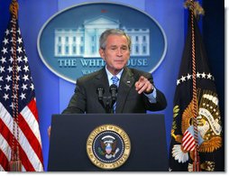 President George W. Bush calls on a reporter during a press conference Thursday, Aug. 9, 2007, in the James S. Brady Press Briefing Room. White House photo by Chris Greenberg
