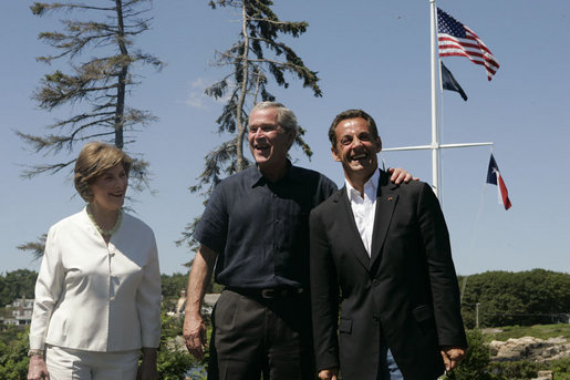 President George W. Bush and Laura Bush welcome President Nicolas Sarkozy of France upon his arrival to Walker’s Point Saturday, August 11, 2007, in Kennebunkport, Maine. White House photo by Joyce N. Boghosian
