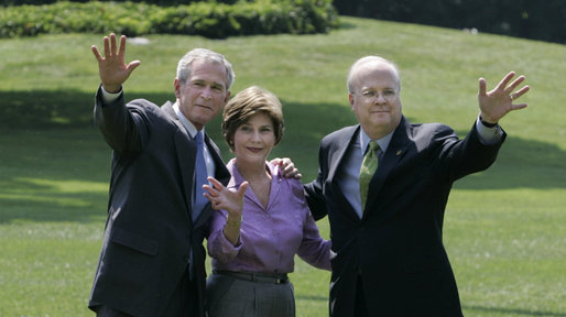 President George W. Bush stands with Mrs. Laura Bush and Deputy Chief of Staff Karl Rove on the South Lawn Monday, August 13, 2007, shortly after his longtime friend and senior advisor announced his resignation. White House photo by Joyce N. Boghosian