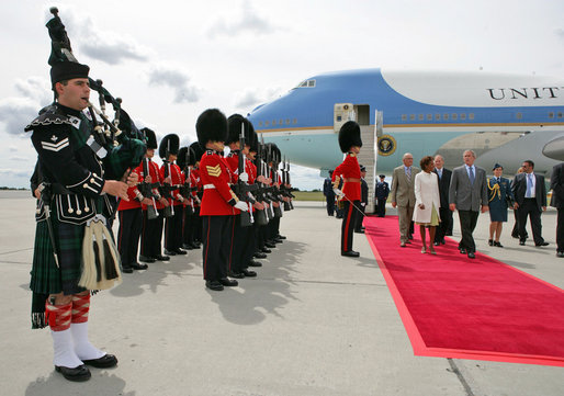 President George W. Bush walks with Governor General Michaelle Jean upon his arrival to Ottawa, Canada, Monday, Aug. 20, 2007, for the North American Leaders' Summit. White House photo by Eric Draper