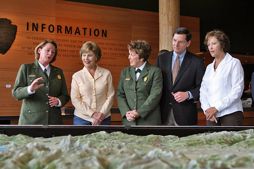Mrs. Laura Bush speaks to Junior Rangers during her visit to Grand Teton National Park Aug. 27, 2007, in Moose, Wyo. "One of the most fabulous national parks in Wyoming and in the United States is the one we're in right now, the Grand Teton," said Mrs. Bush. "Home to some of the most awe-inspiring landscapes in the world, this park is known for its magnificent mountain range, its pristine lakes, and its sagebrush-covered valley." White House photo by Shealah Craighead