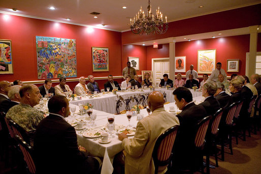 President George W. Bush and Mrs. Laura Bush attend a dinner with cultural and community leaders at Dooky Chase Restaurant in New Orleans, La. White House photo by Chris Greenberg
