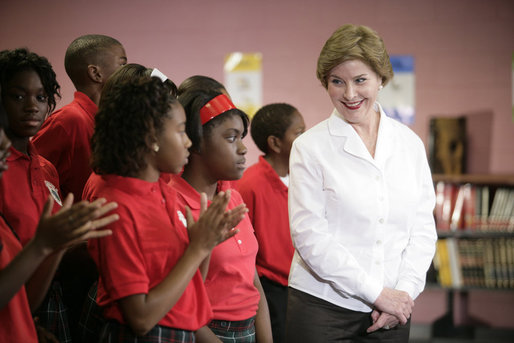 Mrs. Laura Bush thanks students for their applause as she is introduced during her visit with President George W. Bush to the Dr. Martin Luther King Jr. Charter School for Science and Technology,Wednesday, Aug. 29, 2007, in New Orleans. White House photo by Shealah Craighead