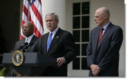 President George W. Bush stands with Secretary Alphonso Jackson, of the Department of Housing and Urban Development, and Secretary Henry Paulson Jr.,of the Department of Treasury, during a statement Friday, Aug. 31, 2007, in the Rose Garden regarding homeownership financing. "Owning a home has always been at the center of the American Dream. Together with the United States Congress, I will continue working to help make that dream a reality for more of our citizens."  White House photo by Shealah Craighead