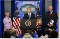 President George W. Bush announces that he has accepted the resignation of Press Secretary Tony Snow and selected Deputy Press Secretary Dana Perino to succeed Mr. Snow as White House Press Secretary Friday, Aug. 31, 2007, in the James S. Brady Press Briefing Room. "Tony Snow informed me he's leaving. And I sadly accept his desire to leave the White House, and he'll do so on September the 14th," said President Bush. White House photo by Chris Greenberg