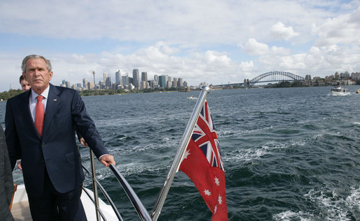 President Bush stands on the deck of the MV AQA during a tour of Sydney Harbour Wednesday, Sept. 5, 2007. The President is in Australia to meet with Prime Minister John Howard and participate in this week's APEC summit. White House photo by Eric Draper