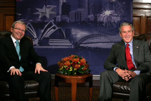President George W. Bush sits with Kevin Rudd, leader of the Australian Labor Party, during a meeting Thursday, Sept. 6, 2007, in Sydney. White House photo by Eric Draper