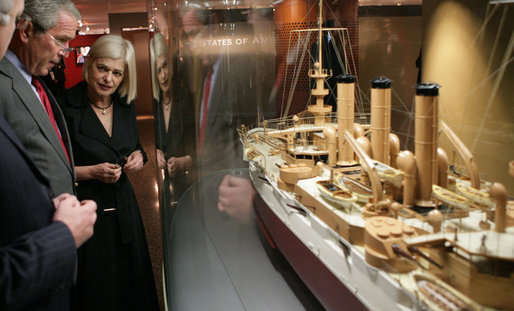 President George W. Bush listens as Mary-Louise Williams, director of the Australian National Maritime Museum, describes one of the exhibits on display during a tour Thursday, Sept. 6, 2007, in Sydney. White House photo by Eric Draper