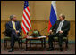 President George W. Bush and President Vladimir Putin of Russia, meet Friday, Sept. 7. 2007, in Sydney prior to the opening of the Asian Pacific Economic Cooperation summit. Said President Bush of their visit, "We are results-oriented people. We want to help solve problems. And we recognize that we can do better solving problems when we work together." White House photo by Eric Draper