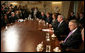 President George W. Bush talks with reporters prior to the start of a Bicameral and Bipartisan Leadership meeting Tuesday, Sept. 11, 2007, at the White House, where President Bush invited the leadership to share their thoughts about Iraq following the report to Congress by General David Petraeus and Ambassador Ryan C. Crocker. White House photo by Eric Draper