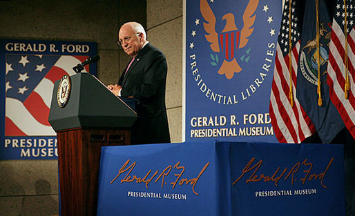 Vice President Dick Cheney delivers remarks on the war in Iraq Friday, Sept. 14, 2007, at the Gerald R. Ford Presidential Library and Museum in Grand Rapids , Mich. White House photo by David Bohrer