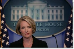 Dana Perino listens to a reporter's question Monday, Sept. 17, 2007, in the James S. Brady Briefing Room, during her first briefing since being named White House Press Secretary. Ms. Perino replaced Tony Snow, who stepped down last week. White House photo by Chris Greenberg