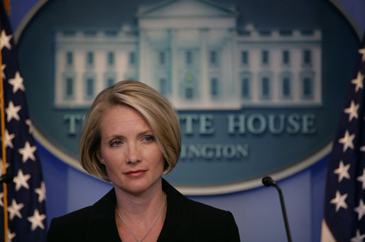Dana Perino listens to a reporter's question Monday, Sept. 17, 2007, in the James S. Brady Briefing Room, during her first briefing since being named White House Press Secretary. Ms. Perino replaced Tony Snow, who stepped down last week. White House photo by Chris Greenberg