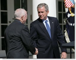 President George W. Bush shakes the hand of Judge Michael Mukasey after announcing his nomination to be U.S. Attorney General Monday, Sept. 17, 2007, in the Rose Garden. White House photo by Eric Draper