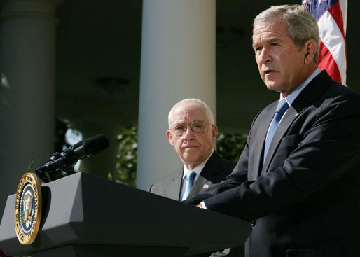 President George W. Bush announces his nomination Monday, Sept. 17, 2007, of Judge Michael Mukasey to be Attorney General of the United States in the Rose Garden of the White House. Said the President: "With Mike Mukasey, the Justice Department will be in the hands of a great lawyer and an accomplished public servant." White House photo by Chris Greenberg