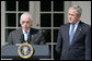 President George W. Bush listens to remarks by Judge Michael Mukasey after announcing his nomination Monday, Sept. 17, 2007, in the Rose Garden, to be the 81st Attorney General of the United States. In thanking the President, Judge Mukasey said, "The department faces challenges vastly different from those it faced when I was an assistant U.S. attorney 35 years ago. But the principles that guide the department remain the same -- to pursue justice by enforcing the law with unswerving fidelity to the Constitution." White House photo by Chris Greenberg