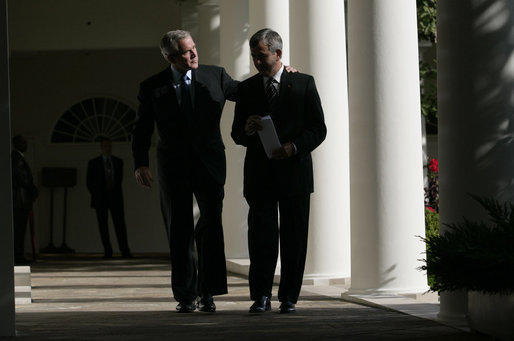 President George W. Bush and Secretary of Agriculture Mike Johanns leave the Rose Garden Thursday, Sept. 20, 2007, after the President announced Mr. Johann's resignation and the Secretary's decision to return to his home state of Nebraska. "Mike has been an outstanding member of my Cabinet," said President Bush. "I thank him from the bottom of my heart for leaving a state he loves to come here to Washington, D.C." White House photo by Eric Draper