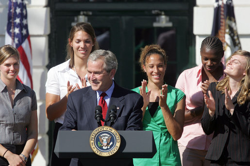 President George W. Bush addresses the NCAA 2006 and 2007 championship Teams during a ceremony Friday, Sept. 21, 2007, on the South Lawn. White House photo by Chris Greenberg