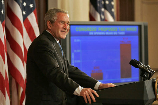 President George W. Bush discusses the federal budget Monday, Sept. 24, 2007, in the Dwight D. Eisenhower Executive Office Building. "This is an important time for our economy. For nearly six years we've enjoyed uninterrupted economic growth. Since August 2003, the economy has added more than 8.2 million jobs," said President Bush. "Productivity is growing, and that's translating into larger paychecks for American workers. Unemployment is low, inflation is low, and opportunity abounds. The entrepreneurial spirit is strong." White House photo by Joyce N. Boghosian