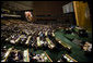 President George W. Bush addresses the United Nations General Assembly Tuesday, Sept. 25, 2007, in New York City. President Bush told the 62nd Assembly, "This great institution must work for great purposes -- to free people from tyranny and violence, hunger and disease, illiteracy and ignorance, and poverty and despair. Every member of the United Nations must join in this mission of liberation." White House photo by Eric Draper