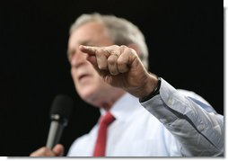 President George W. Bush gestures to make a point during his remarks to an audience at the John Q. Hammons Convention Center in Rogers, Ark., Monday, Oct. 15, 2007, urging Congress to be fiscally responsible with the taxpayer’s money. White House photo by Eric Draper