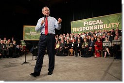 President George W. Bush addresses his remarks to an audience at the John Q. Hammons Convention Center in Rogers, Ark., Monday, Oct. 15, 2007, urging Congress to be fiscally responsible with the taxpayer’s money. White House photo by Eric Draper