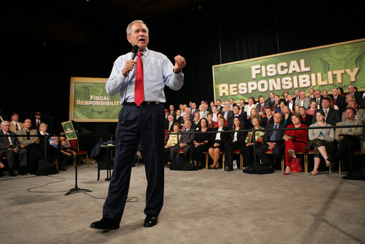 President George W. Bush addresses his remarks to an audience at the John Q. Hammons Convention Center in Rogers, Ark., Monday, Oct. 15, 2007, urging Congress to be fiscally responsible with the taxpayer’s money. White House photo by Eric Draper