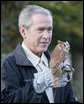 President George W. Bush holds a screech owl Saturday, Oct. 20, 2007 at the Patuxent Research Refuge in Laurel, Md., where President Bush discussed steps his Administration is creating for a series of cooperative conservation steps to preserve and restore critical stopover habitat for migratory birds in the United States. White House photo by Eric Draper