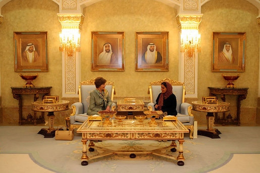Upon her arrival to the United Arab Emirates, Mrs. Laura Bush meets with Economic Minister Sheikha Lubna al-Qasimi Sunday, Oct. 21, 2007, in Abu Dhabi. Mrs. Bush is traveling this week to the United Arab Emirates, Kuwait, Saudi Arabia and Jordan. During the visits, she will talk with medical and educational leaders, leaders of women's groups and officials. White House photo by Shealah Craighead