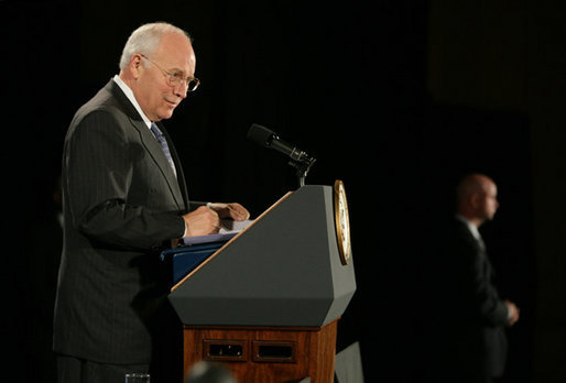 Vice President Dick Cheney delivers remarks at the Washington Institute for Near East Policy's annual Weinberg Founders Conference, Sunday, Oct. 21, 2007, in Lansdowne, Va. The Weinberg Founders Conference brings together scholars, diplomats, journalists and experts from around the globe for nonpartisan discussions on issues surrounding U.S. Middle East policy. White House photo by David Bohrer