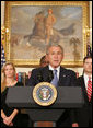 President George W. Bush delivers a statement on the War Supplemental Monday, Oct. 22, 2007, in the Roosevelt Room of the White House. Joined by veterans, members of military support organizations and families of the fallen, the President said, "These patriots have come to the Oval Office to make sure -- and to make clear -- that our troops have the full commitment of our government." White House photo by Chris Greenberg