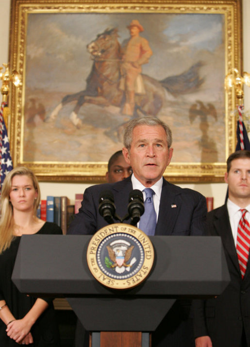 President George W. Bush delivers a statement on the War Supplemental Monday, Oct. 22, 2007, in the Roosevelt Room of the White House. Joined by veterans, members of military support organizations and families of the fallen, the President said, "These patriots have come to the Oval Office to make sure -- and to make clear -- that our troops have the full commitment of our government." White House photo by Chris Greenberg