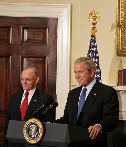 President George W. Bush announces Dr. James Peake as his nomination for Secretary of Veterans Affairs in the Roosevelt Room Tuesday, Oct. 30, 2007. "He will be the first physician and the first general to serve as Secretary," said the President. "He will apply his decades of expertise in combat medicine and health care management to improve the veterans' health system. He will insist on the highest level of care for every American veteran." White House photo by Chris Greenberg