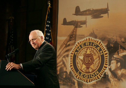 Vice President Dick Cheney delivers remarks to the Indiana American Legion Thursday, Nov. 1, 2007 at the Indiana War Memorial in Indianapolis. "In every generation, citizens of Indiana have stepped forward to serve America in times of peace and times of war," said the Vice President, who later added, "The United States is decent, honorable and generous - and so are the people who wear its uniform.Every day they confront the violent, protect the weak, heal the sick, and bring hope to the oppressed." White House photo by David Bohrer