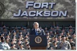 President George W. Bush addresses the Basic Combat Training graduates at Fort Jackson in Columbia, S.C., Friday, Nov. 2, 2007. The President told the graduates, ".Our nation calls on brave Americans to confront our enemies and bring peace and security to millions -- and you're answering that call. I thank you for your courage. I thank you for making the noble decision to put on the uniform and to defend the United States of America." White House photo by Eric Draper