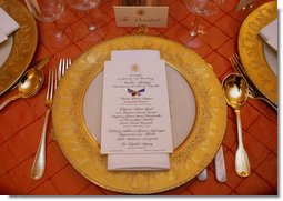 The dinner setting for President George W. Bush is seen Tuesday, Nov. 6, 2007, in the State Dining Room of the White House for the dinner in honor of French President Nicolas Sarkozy. White House photo by Shealah Craighead