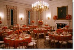 Decorated candlelit tables are seen in the State Dining Room of the White House Tuesday, Nov. 6, 2007, for the dinner in honor of French President Nicolas Sarkozy. White House photo by Shealah Craighead
