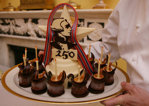 A "Lafayette" cake dessert is served to guests Tuesday evening, Nov. 6, 2007, during the White House dinner in honor of French President Nicolas Sarkozy. The cake honors the 250th anniversary of the birth of French soldier and statesman the Marquis de Lafayette, who was pivitol in America's war for independence. White House photo by Shealah Craighead