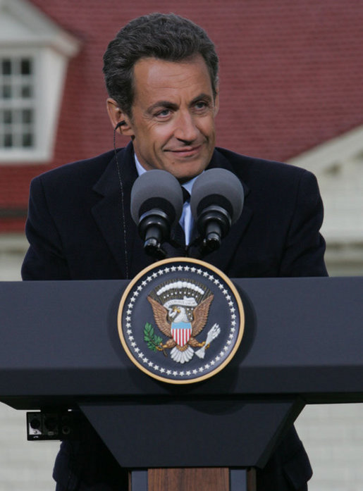 President Nicolas Sarkozy of France listens to a reporter's question Wednesday, Nov. 7, 2007, during a joint press availability with President George W. Bush at the Mount Vernon Estate in Mount Vernon, Va. President Sarkozy told President Bush, "I get the distinct sense that it is France that has been welcomed so warmly, with so much friendship, so much love. So when I say that the French people love the American people, that is the truth and nothing but the truth." White House photo by Chris Greenberg
