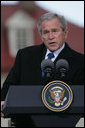 President George W. Bush responds to a question Wednesday, Nov. 7, 2007, during a joint press availability with President Nicolas Sarkozy of France at Mount Vernon. Said the President, "I can't thank the President enough for his willingness to stand with young democracies as they struggle against extremists and radicals.France's voice is important and it's clear that the human rights of every individual are important to the world." White House photo by Chris Greenberg