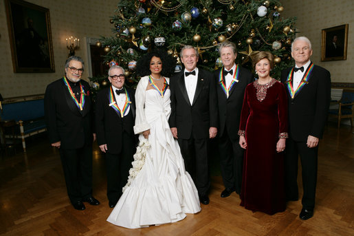 President George W. Bush and Mrs. Laura Bush stand in the Blue Room of the White House Sunday, Dec. 2, 2007, with the Kennedy Center Honorees for 2007, from left: Leon Fleisher, Martin Scorsese, Diana Ross, Brian Wilson and Steve Martin. White House photo by Eric Draper
