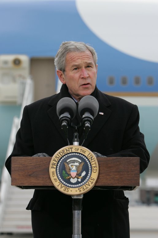 President George W. Bush delivers a statement on Iran Wednesday, Dec. 5, 2007, upon arrival at Eppley Airfield in Omaha. Said the President, "It is clear. that the Iranian government has more to explain about its nuclear intentions and past actions." White House photo by Chris Greenberg