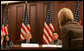 President George W. Bush participates in a meeting Tuesday, Dec. 11, 2007, on the Monitoring the Future Study on teen drug use. The study tracks drug use among America's young people and according to the latest study, there are more than 800,000 fewer young people using illicit drugs today than there were in 2001. With the President are Sara Johnson, left, 16, from Michigan, and Justin Calderon, 19, from California, both recovering addicts. White House photo by Chris Greenberg