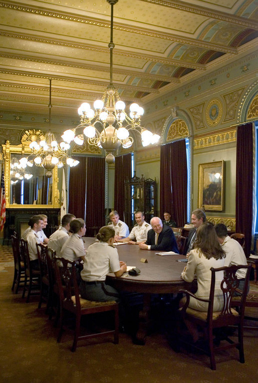 Vice President Dick Cheney is seen in this April 20, 2006 White House archived photo meeting with United States Military Academy Cadets in the Vice President's Ceremonial Office in the Eisenhower Executive Office Building. White House photo by David Bohrer