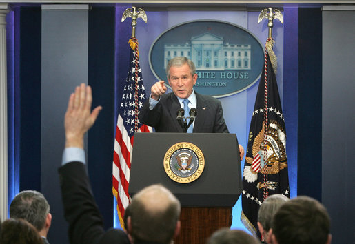 President George W. Bush calls on a reporter during a morning press conference Thursday, Dec. 20, 2007, in the James S. Brady Briefing Room of the White House. White House photo by Chris Greenberg