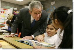 President George W. Bush visits with third grade students Monday, Jan. 7, 2008, at the Horace Greeley Elementary School in Chicago, where President Bush delivered a statement highlighting the successes of No Child Left Behind. White House photo by Joyce N. Boghosian