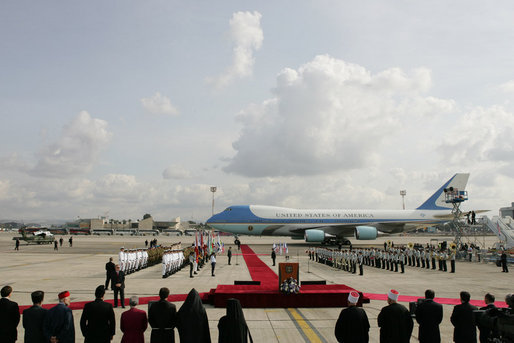 Air Force One arrives at the red carpet arrival ceremonies Wednesday at Ben Gurion International Airport in Tel Aviv, where President George W. Bush began the first of his eight-day, Mideast visit. White House photo by Chris Greenberg